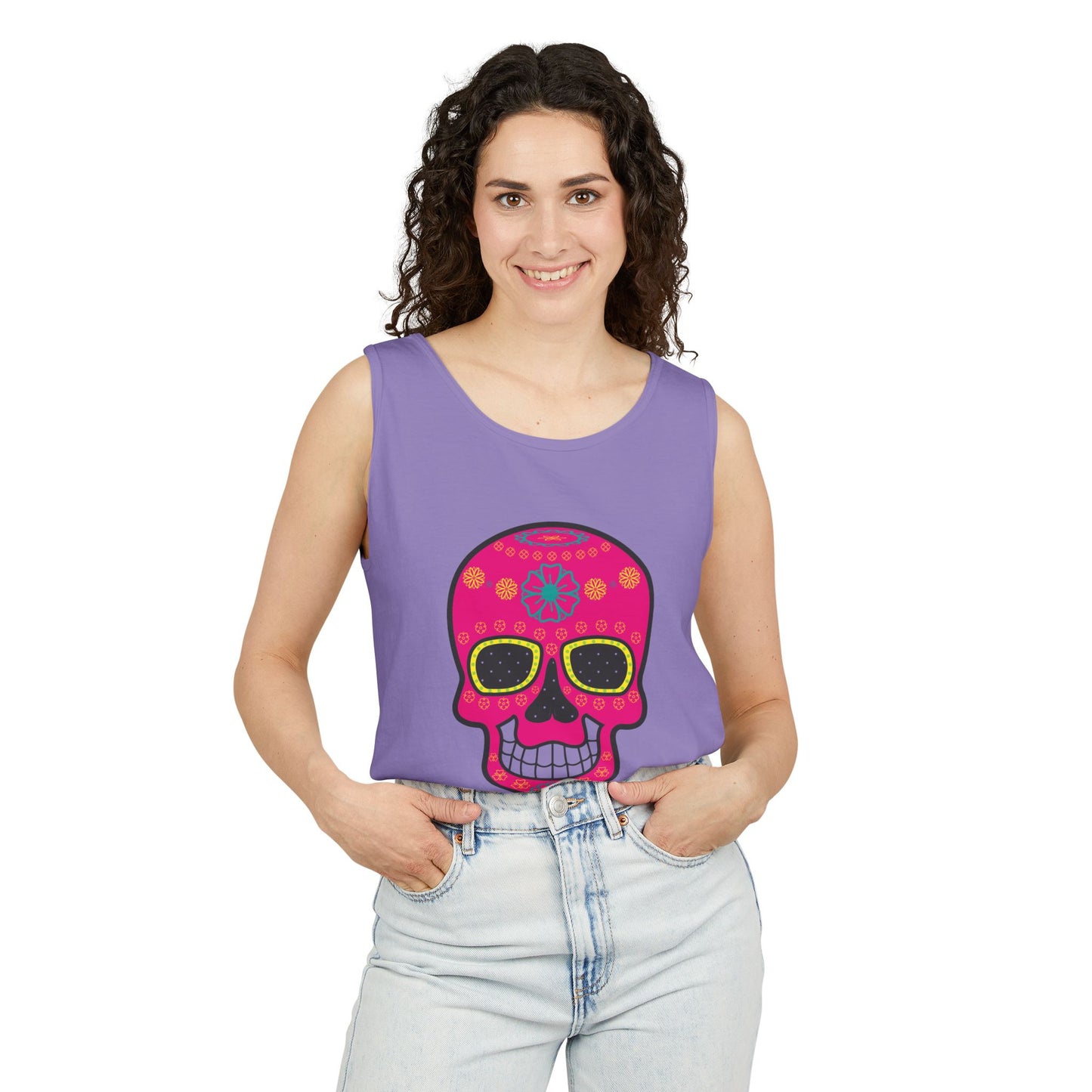 Colorful Dia de los Muertos Skull Tank Top, Unisex Summer Tee, Festival Wear