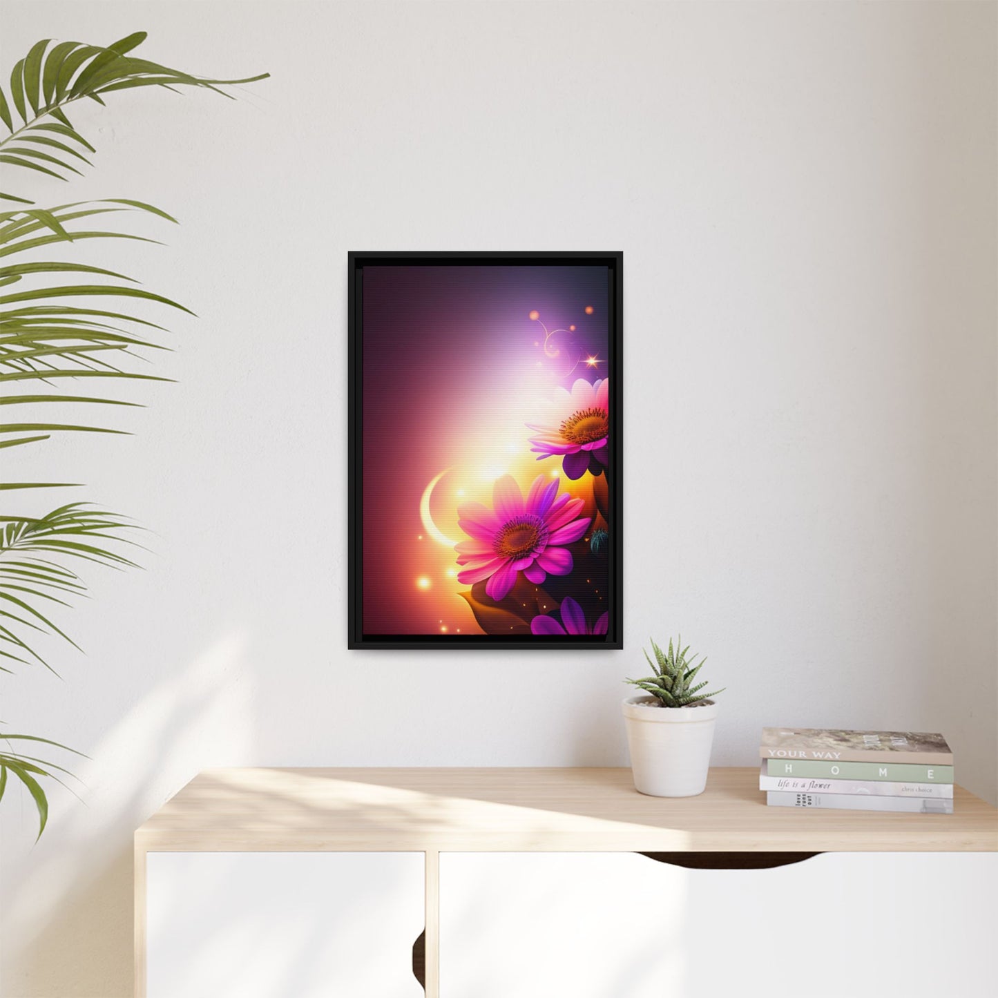Framed Floral Canvas Art — Pink Daisies Sunset Wall Print
