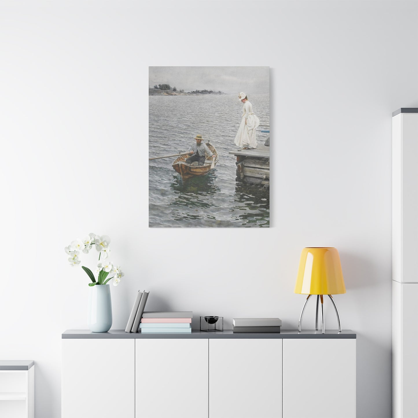 Seaside Stroll Canvas Print — Vintage Woman & Rowboat Matte Stretched Art 1.25"
