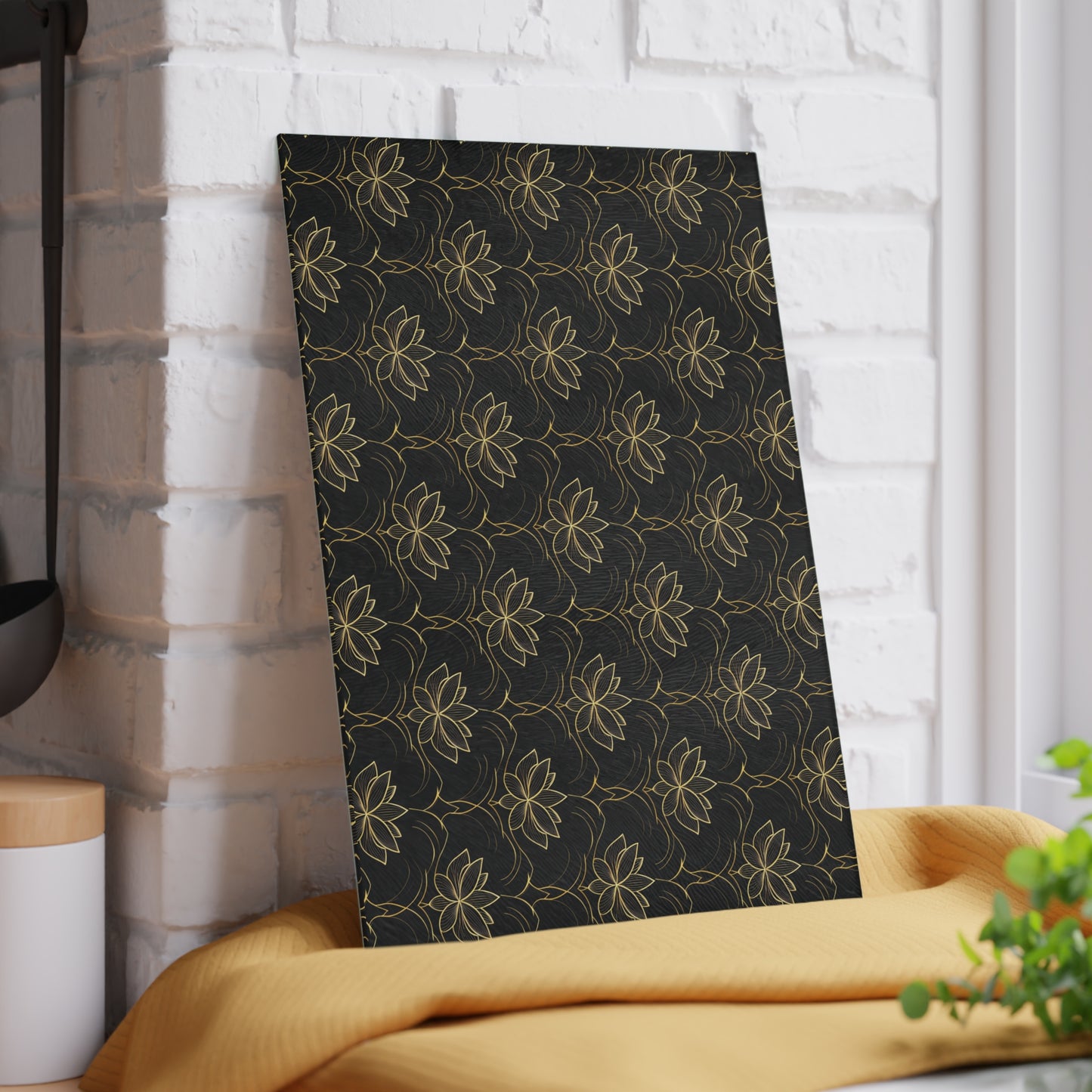 Lotus Pattern Glass Cutting Board — Elegant Black & Gold Kitchen Board