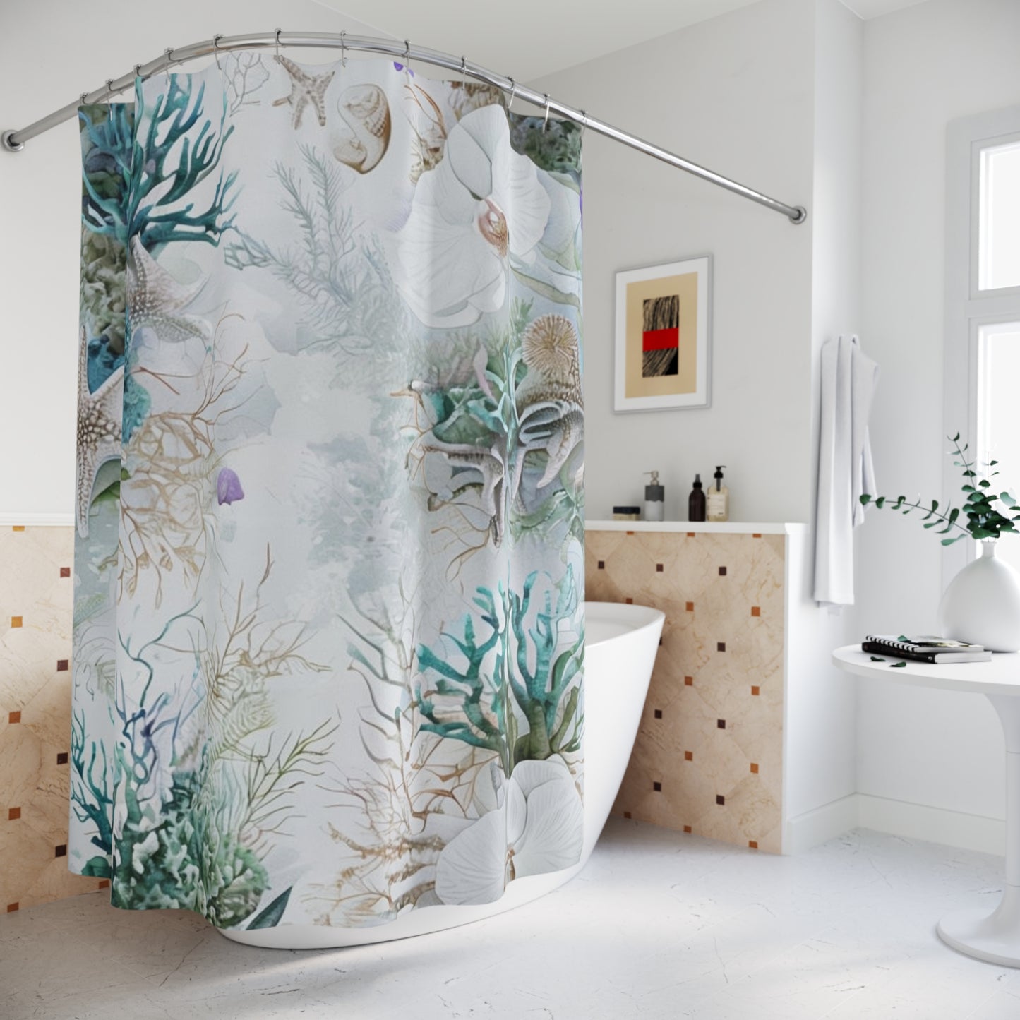 Coastal Coral & Orchid Shower Curtain — Beachy Sea Life Bathroom Decor