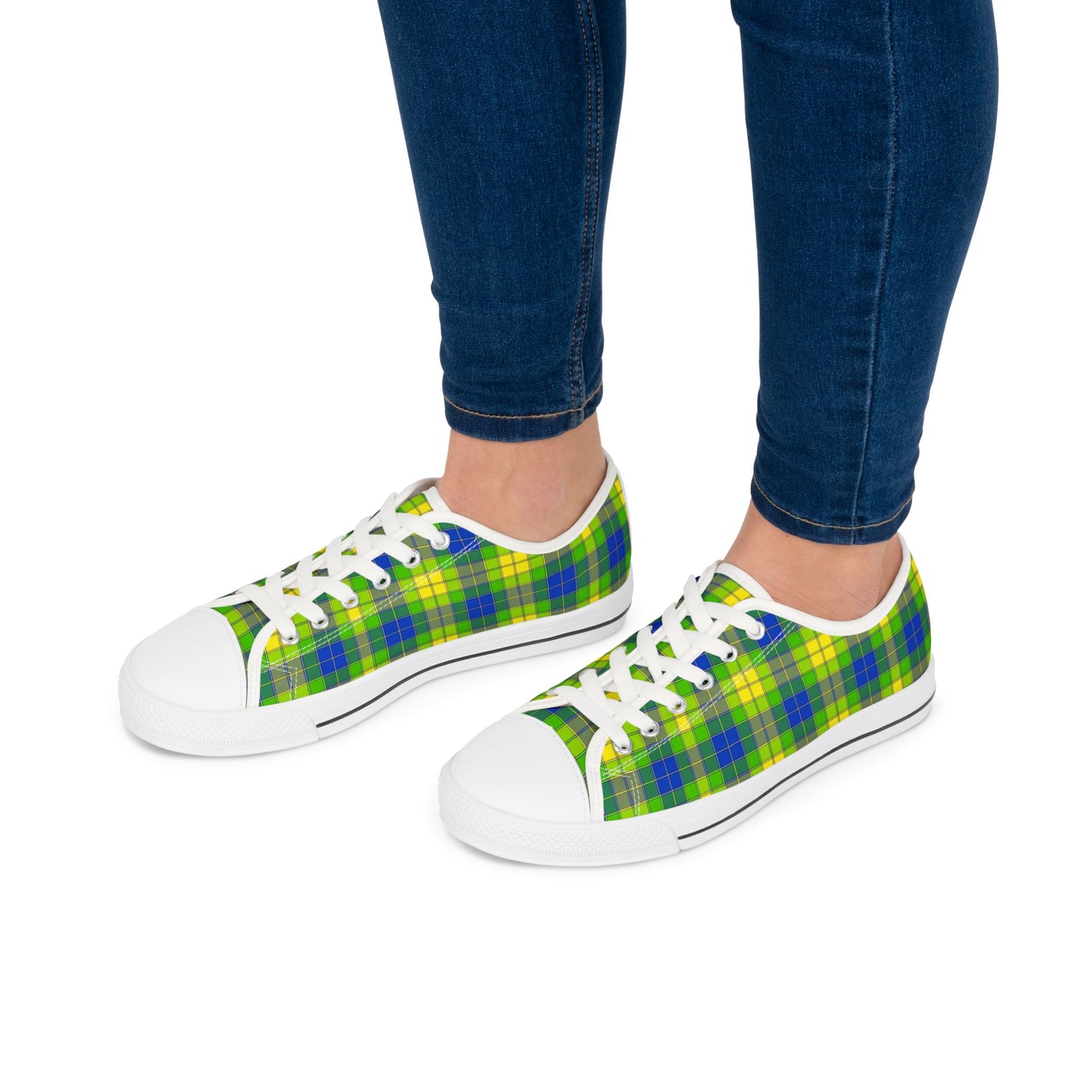Plaid Green Blue Low Top Sneakers — Casual Canvas Shoes