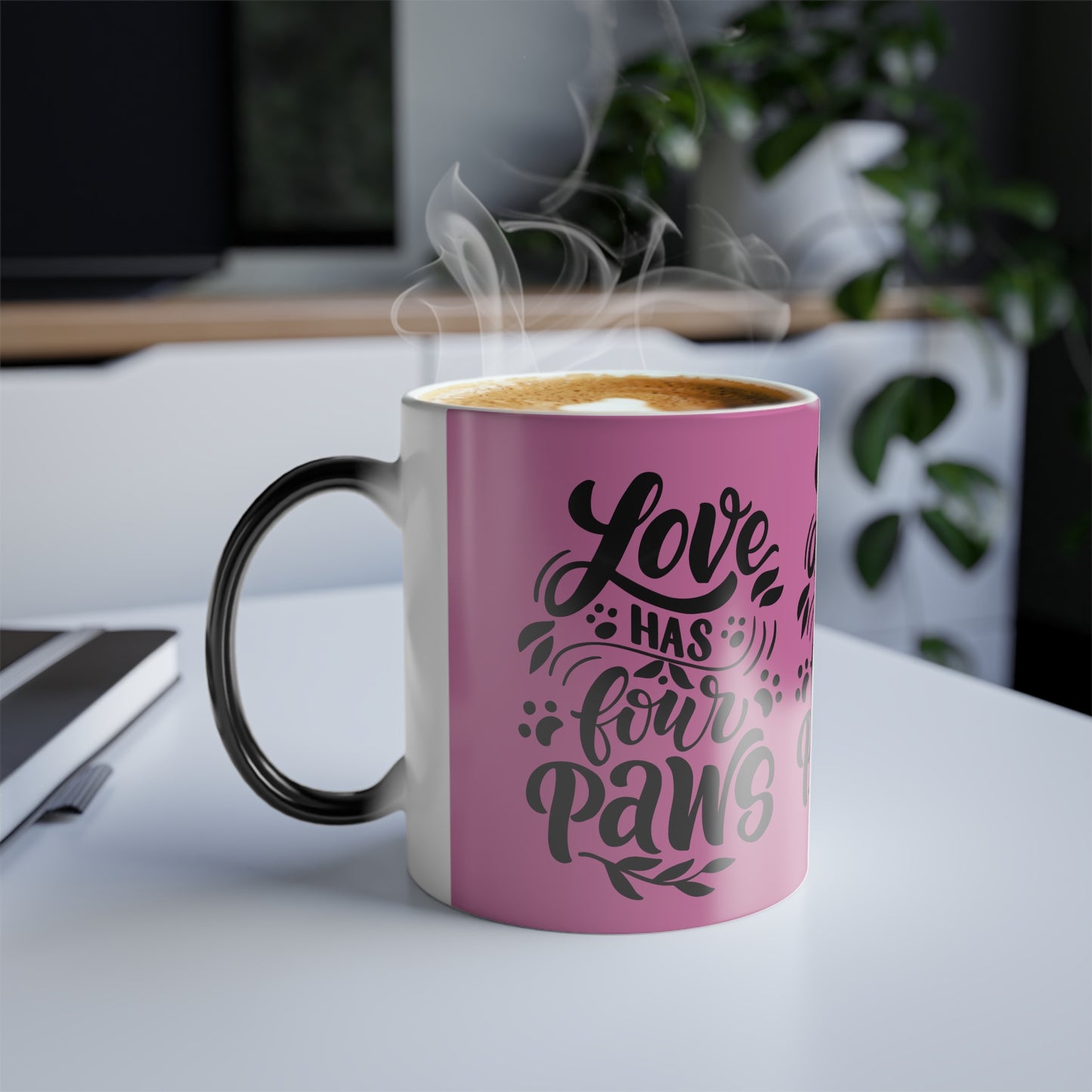 Color-Changing Mug — "Love Has Four Paws" Pink Pet Lover Coffee Cup (11 oz)