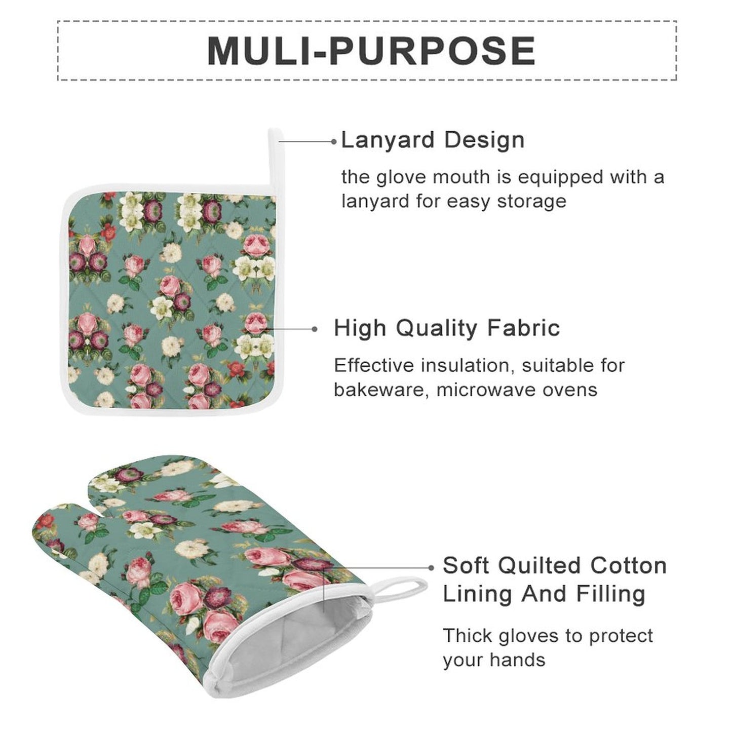 Oven Mitts & Pot Holder Set of 3 Flowers