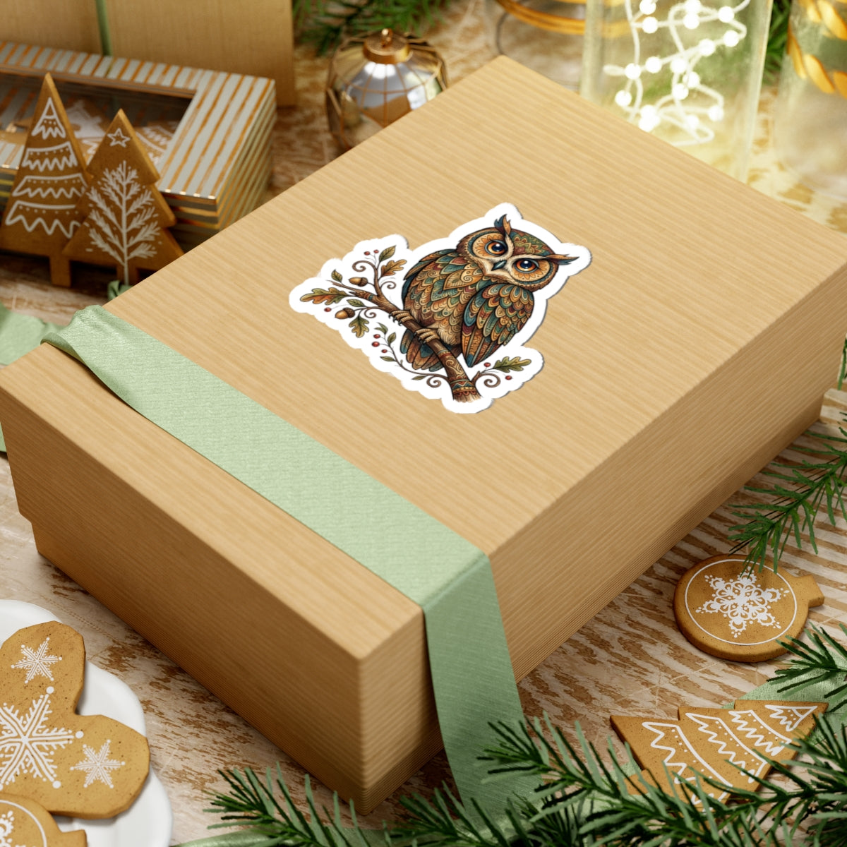 Owl Kiss-Cut Sticker — Detailed Boho Forest Owl on Branch (Laptop, Journal, Water Bottle Decal)