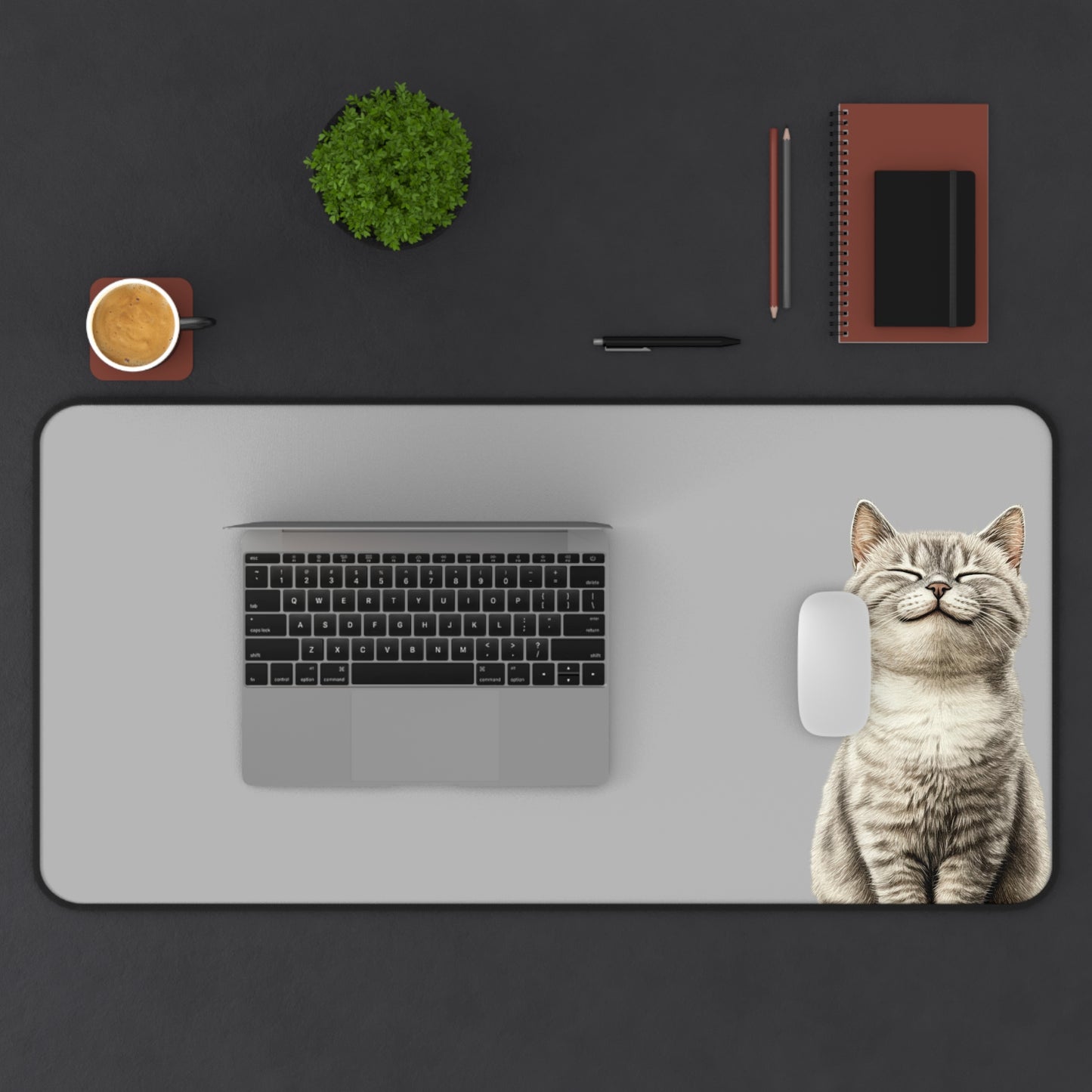 Smiling Cat Desk Mat — Cute Grey Mousepad for Home Office & Gamers