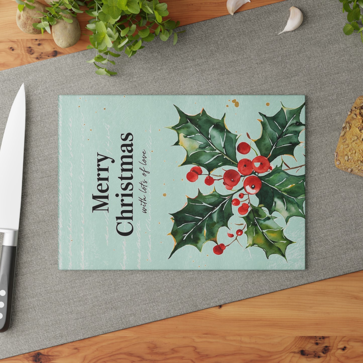 Christmas Holly Glass Cutting Board - "Merry Christmas" Holiday Kitchen Decor