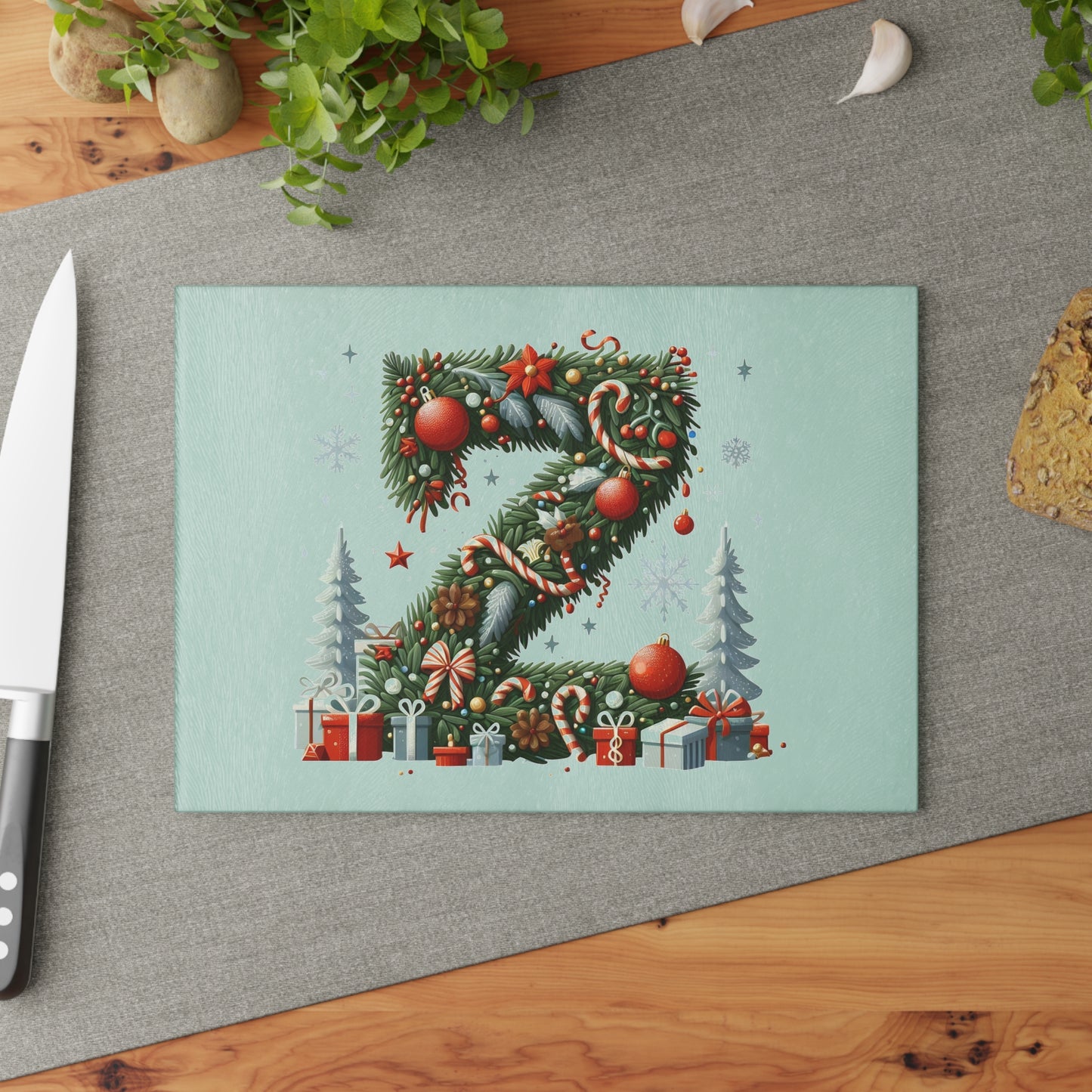 Christmas Wreath Letter 'Z' Glass Cutting Board — Holiday Kitchen Décor with Ornaments & Gifts
