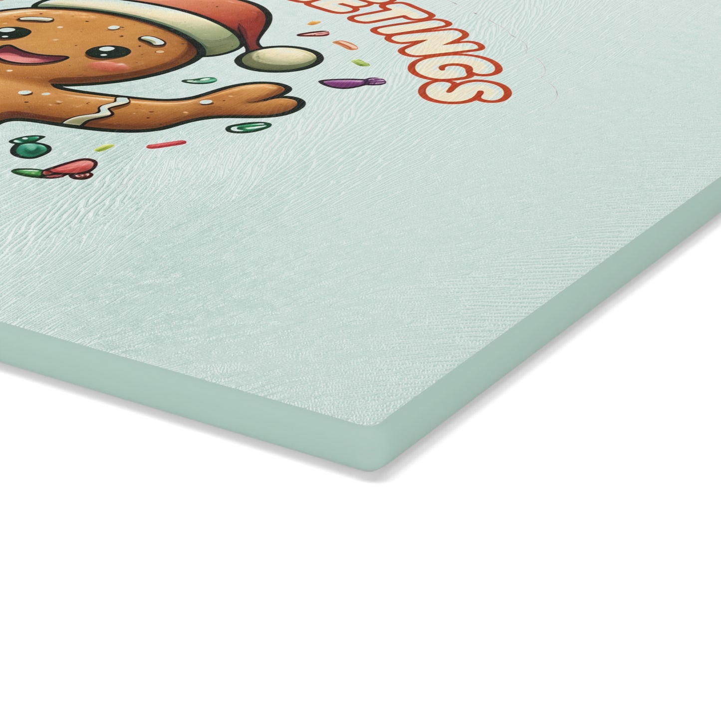 Gingerbread "Sweet Greetings" Glass Cutting Board — Festive Holiday Kitchen Decor