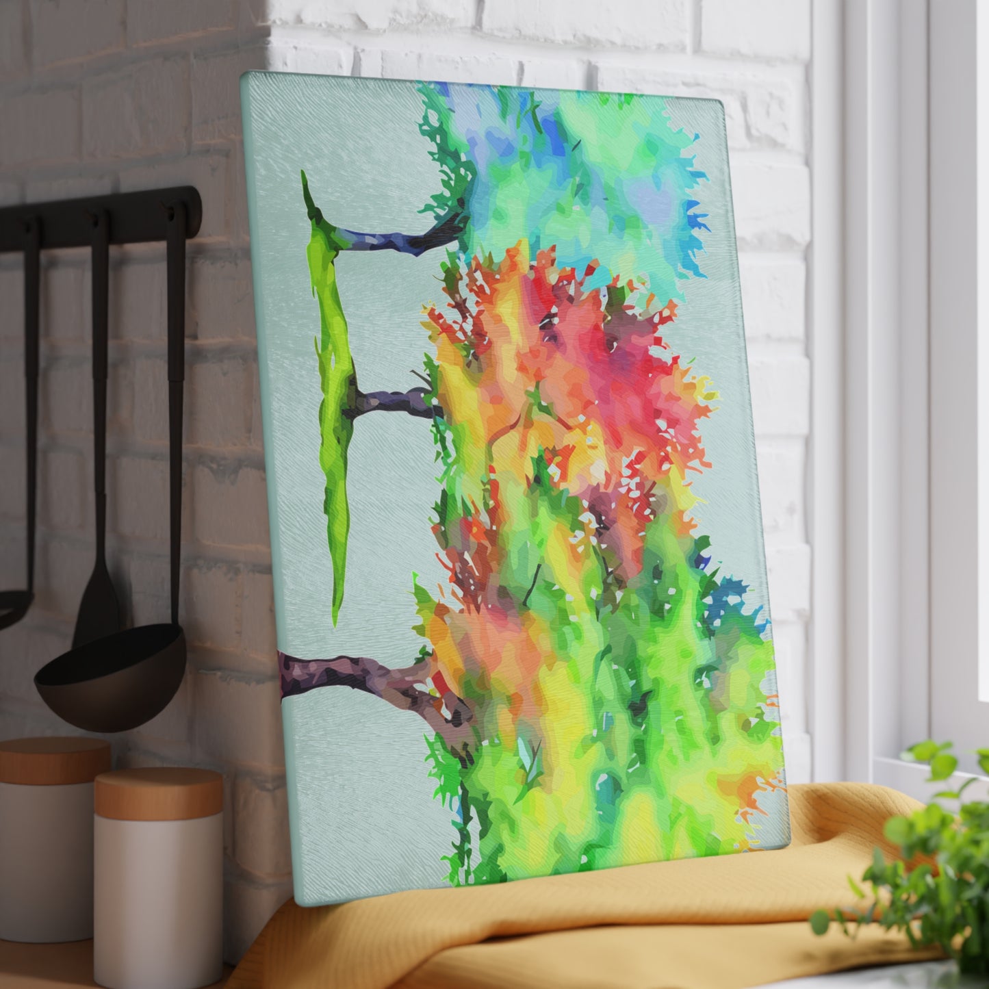 Glass Cutting Board — Colorful Watercolor Trees Kitchen Cutting Board
