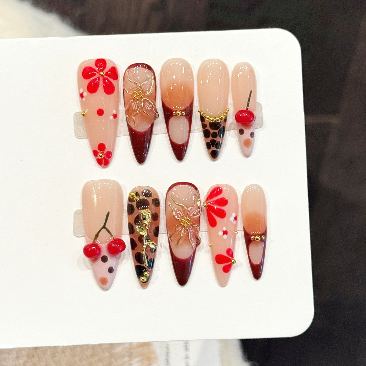 365nails: "Cherry Leopard" – 3D Floral & Animal Print Handmade Stiletto Nails