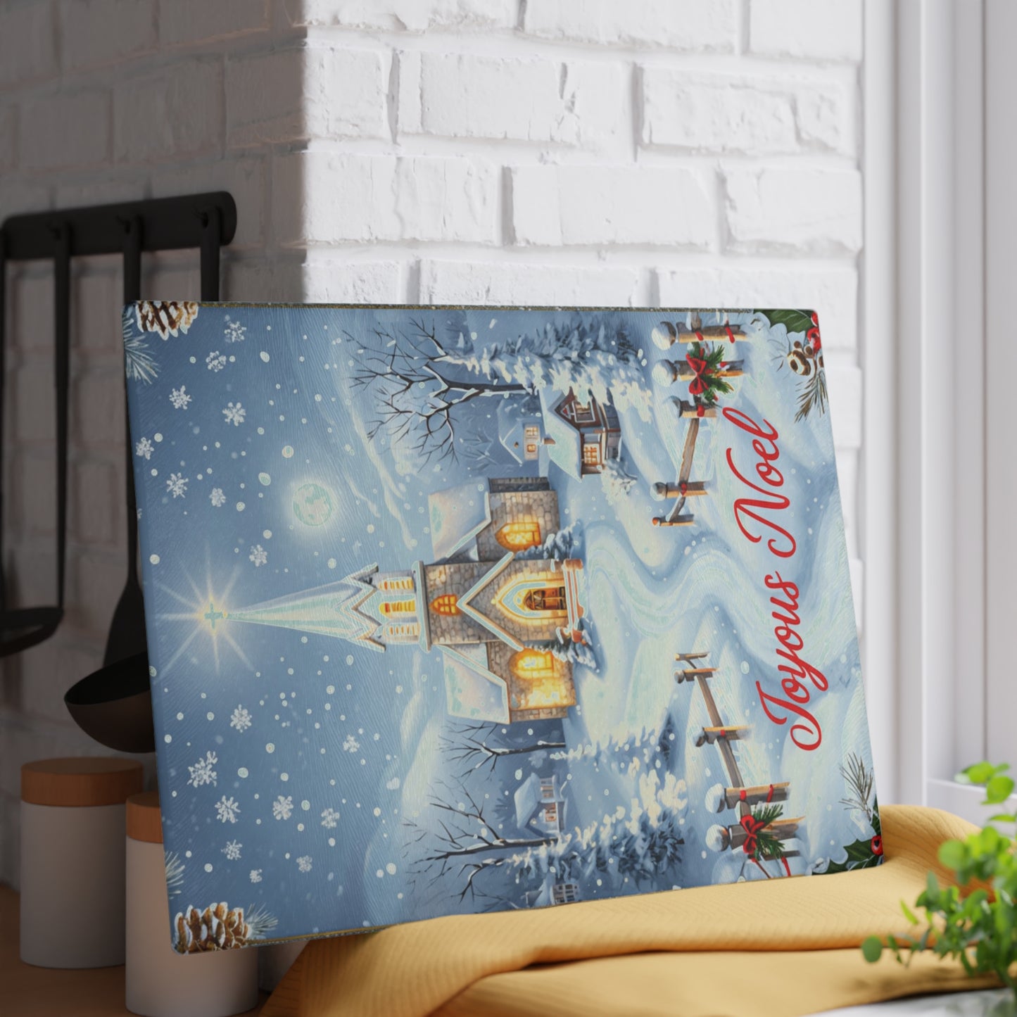 Glass Cutting Board — Joyeux Noël Winter Church Scene Holiday Kitchen Decor
