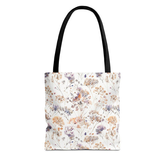 Floral Ditsy Print Tote Bag – Neutral Watercolor Wildflower Market Bag