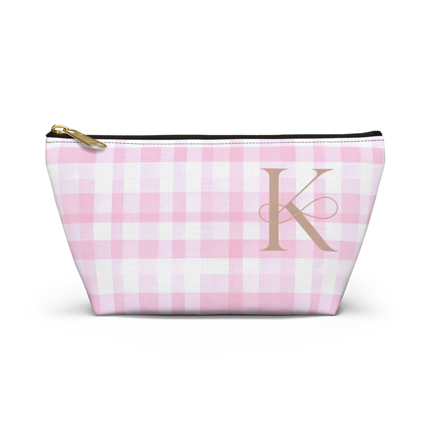 Personalized Pink Gingham Accessory Pouch, Makeup Bag - Letter K