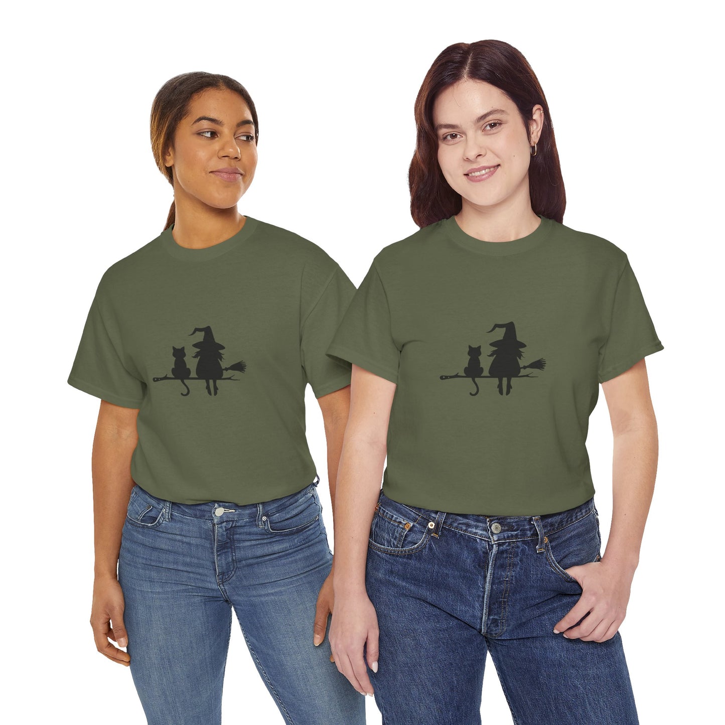 Witch and Cat Tee | Spooky Unisex Shirt for Halloween | Cute Witchwear for Cat Lovers | Fall Wardrobe Essential | Gift for Magical Friends