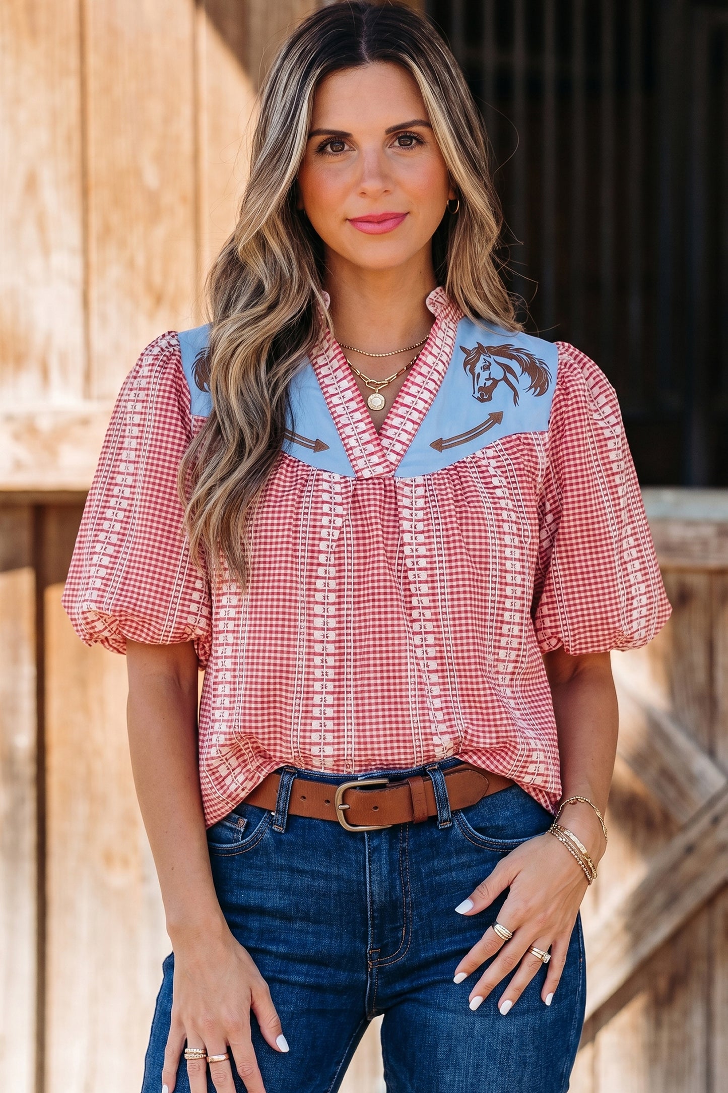 Red Western Pony Embroidered Yoke Puff Sleeve Gingham Blouse
