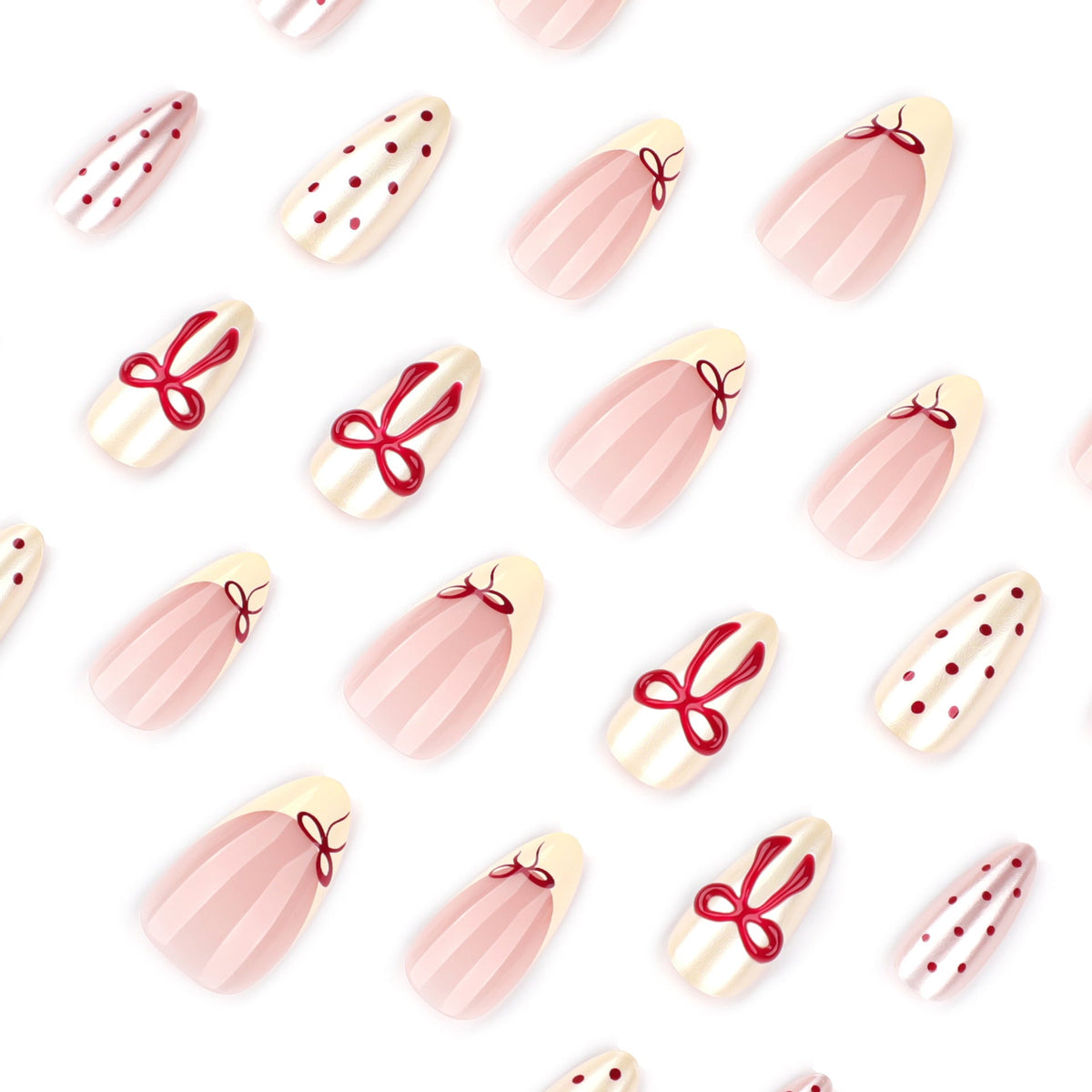 "Cream & Red Bow Polka" - Precision Crafted Press-On Nails – Image 3