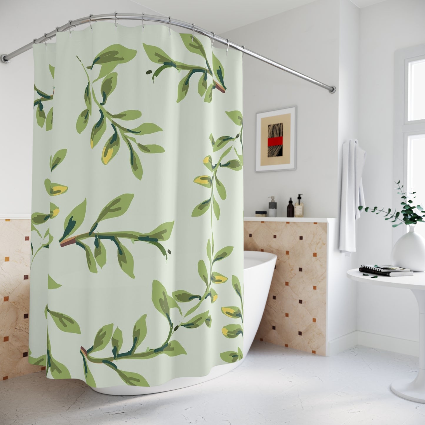 Botanical Olive Branch Shower Curtain — Green Leaf Bathroom Decor