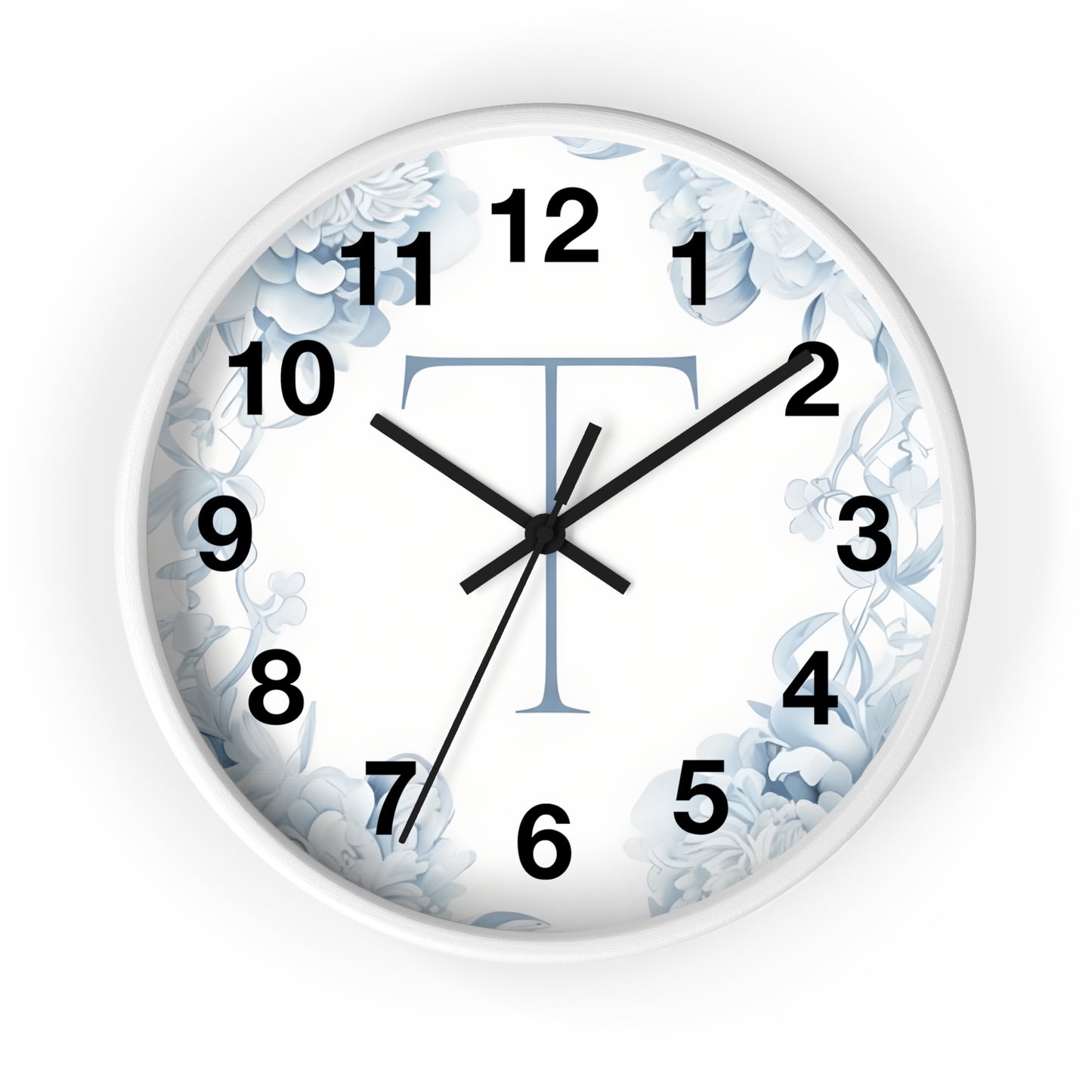 Monogram T Floral Wall Clock — Elegant Blue Initial T Home Decor