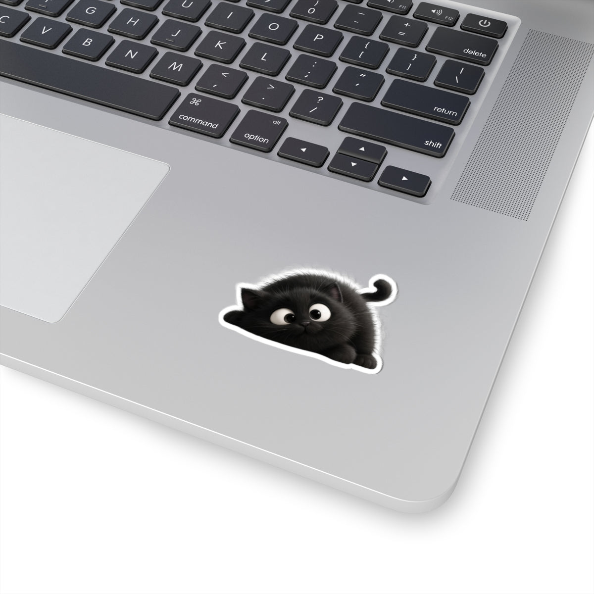 Cute Fluffy Black Kitten Kiss-Cut Sticker — Playful Cat Laptop Decal