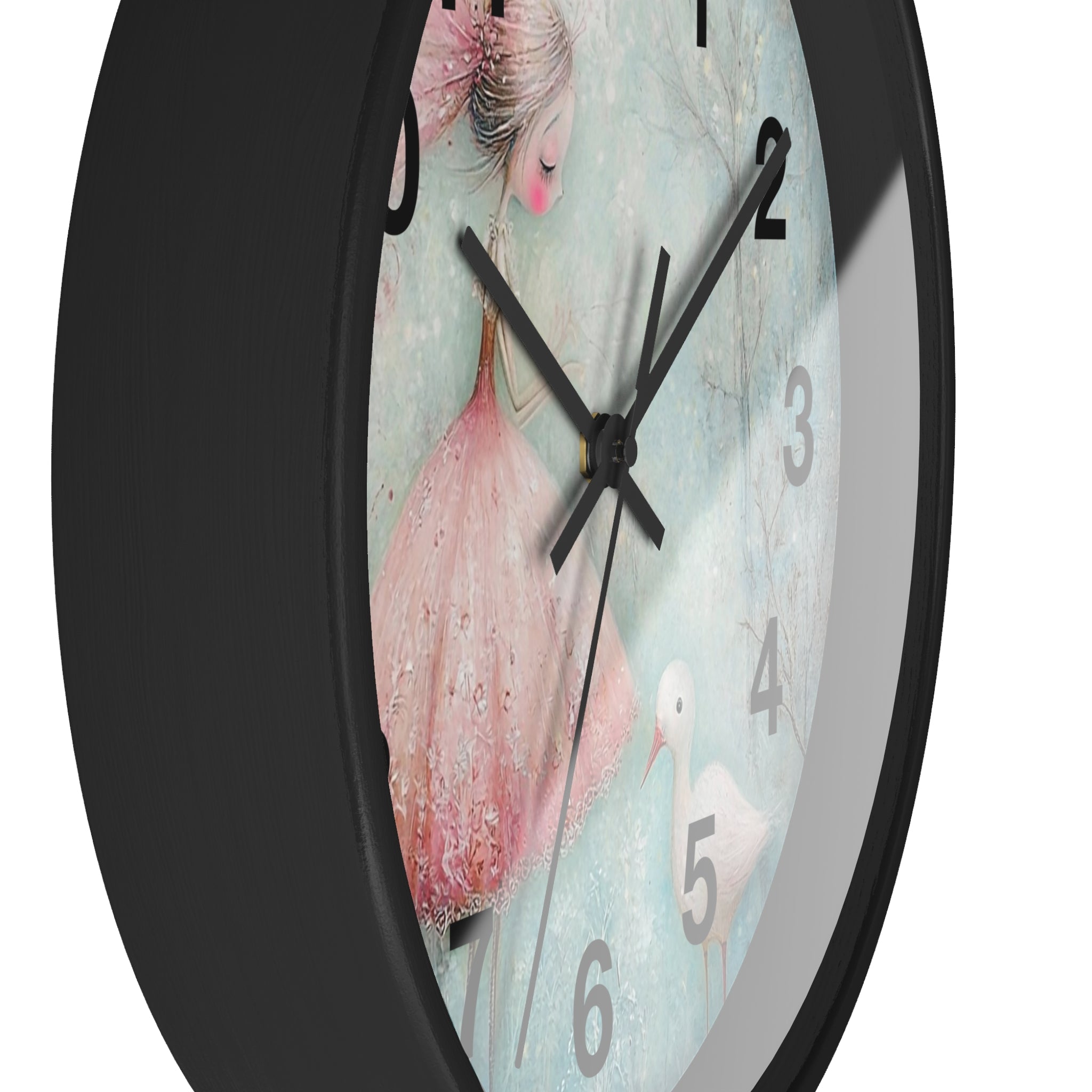 Whimsical Girl & Swan Wall Clock — Pastel Nursery Decor