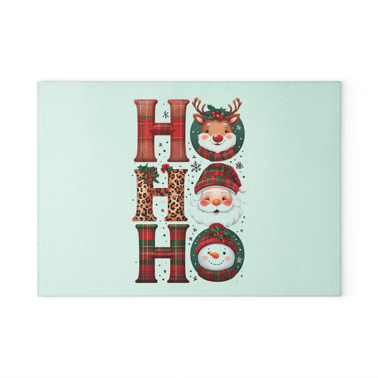 Festive Glass Cutting Board with 'HO HO HO' Design, Holiday Gift, Kitchen Decor, Seasonal Cooking, Christmas Party