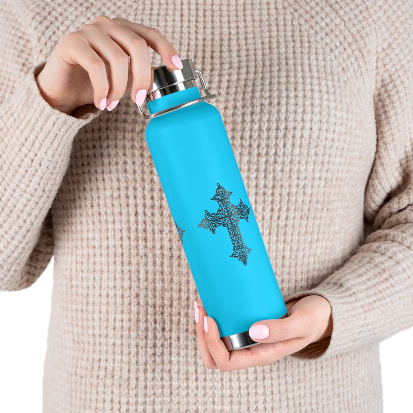Stylish Copper Insulated Water Bottle - 22oz, Cross Design, Travel Flask, Gift for Him/Her, Unique Outdoor Hydration