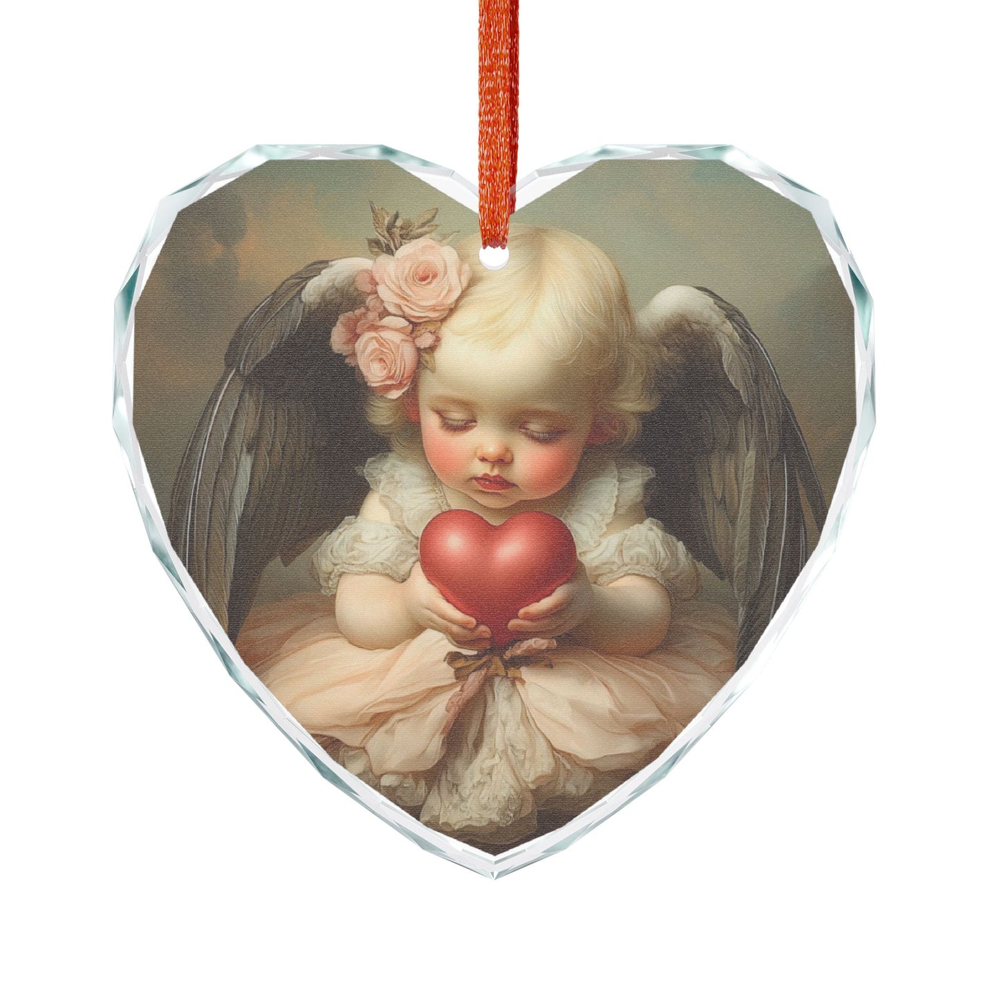 Heart-Shaped Crystal Ornament, Cherubic Decor, Valentine's Gift, Home Decoration, Christmas Tree Ornament, Romantic Keepsake