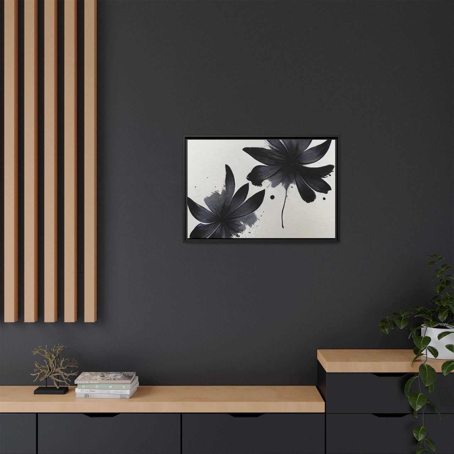 Framed Black Floral Matte Canvas Wall Art — Monochrome Botanical Print