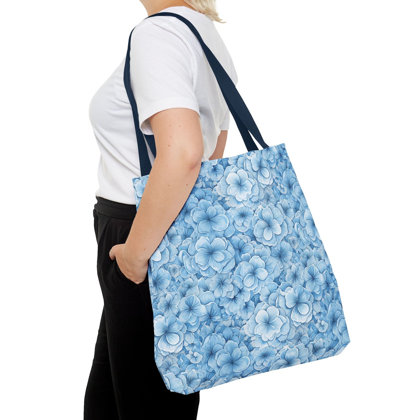 Blue Watercolor Floral Tote Bag — Reusable Flower Pattern Shopper