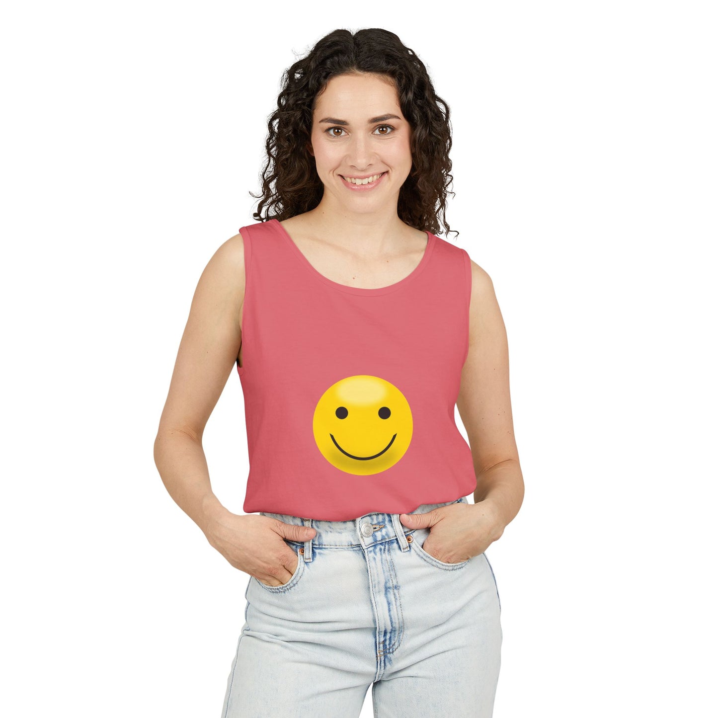 Smiley Face Tank Top, Summer Shirt, Casual Wear, Beach Outing, Gift for Friends, Positive Vibes Apparel