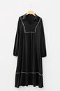 Black Collared V Neck Smocked Detail Contrast Leopard Trim Bracelet Sleeve Long Dress
