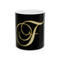 Gold Script Letter F Ceramic Mug — Elegant Monogram Coffee Cup (11oz, 15oz)