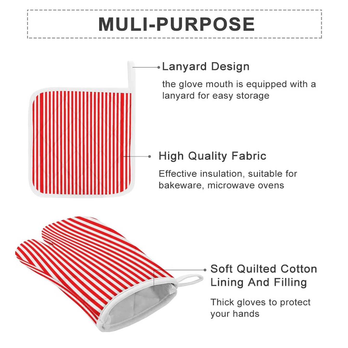 Oven Mitts & Pot Holder Set of 3 Red Stripes