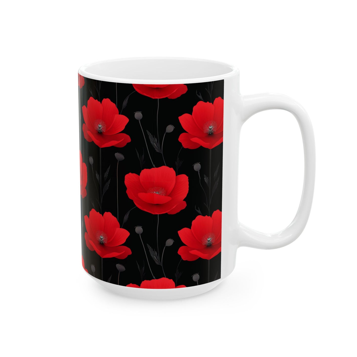 Red Poppy Floral Mug — Black Background Ceramic Coffee Cup (11oz, 15oz)