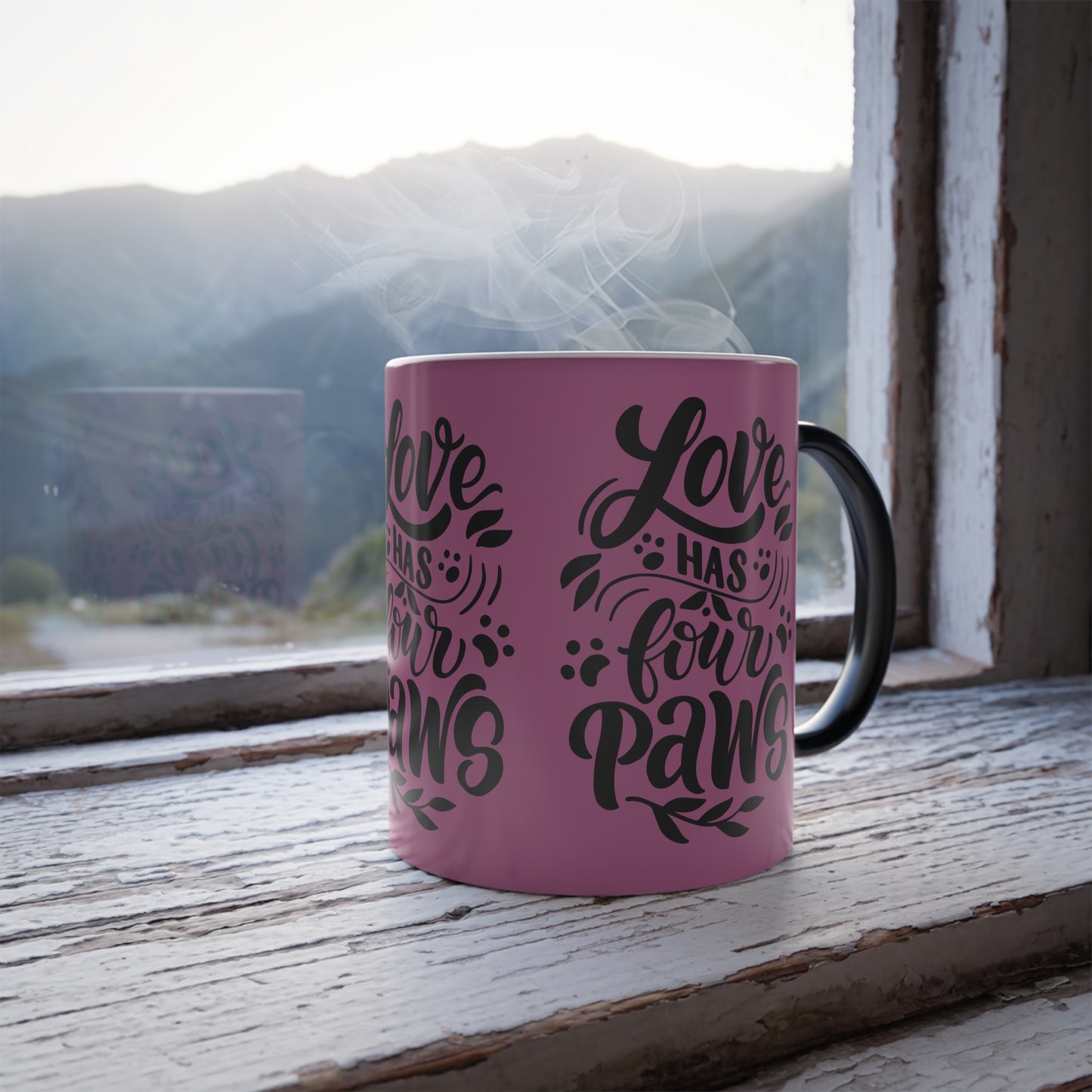 Color-Changing Mug — "Love Has Four Paws" Pink Pet Lover Coffee Cup (11 oz)