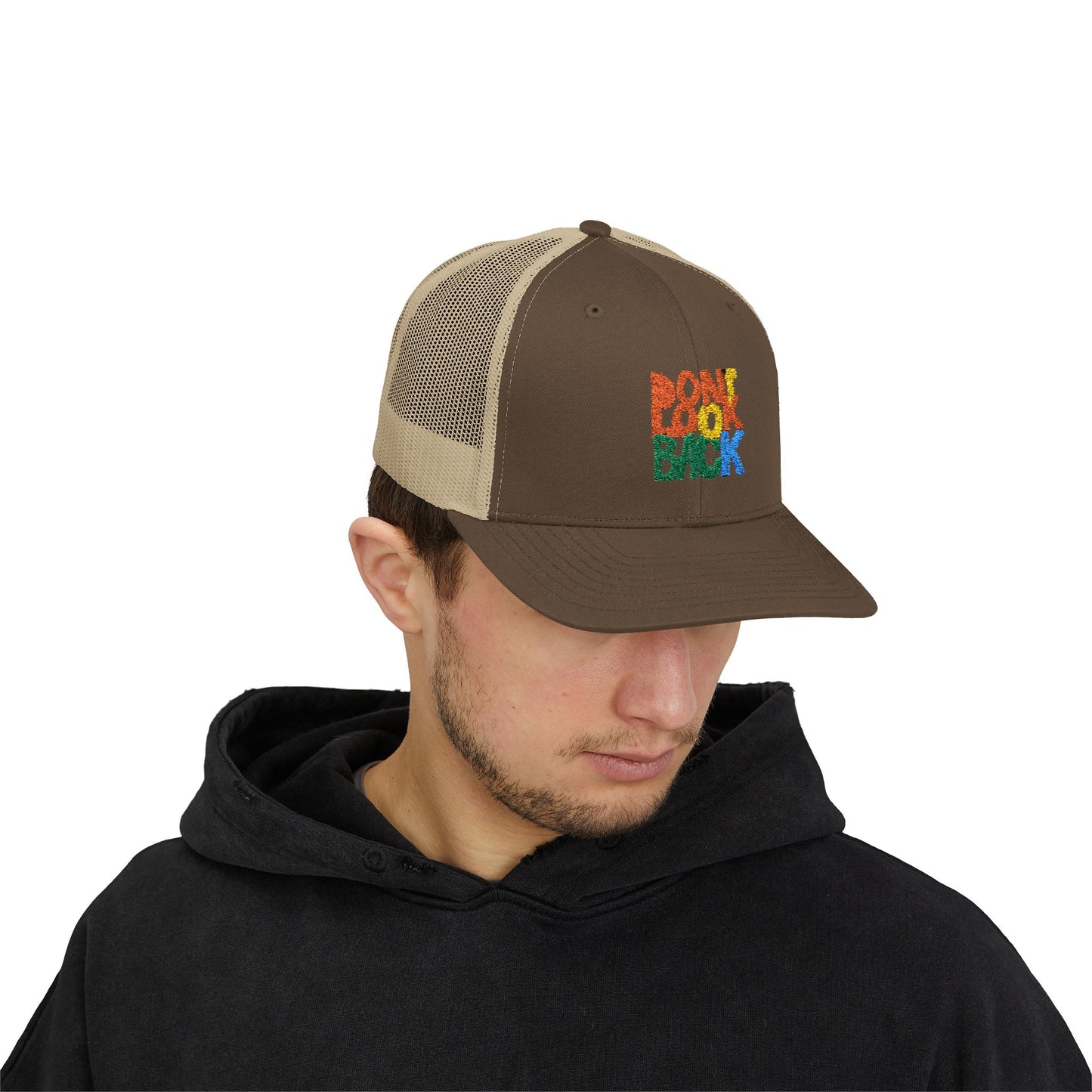 Don’t Look Back Snapback Trucker Cap — Retro Rainbow Embroidered Hat