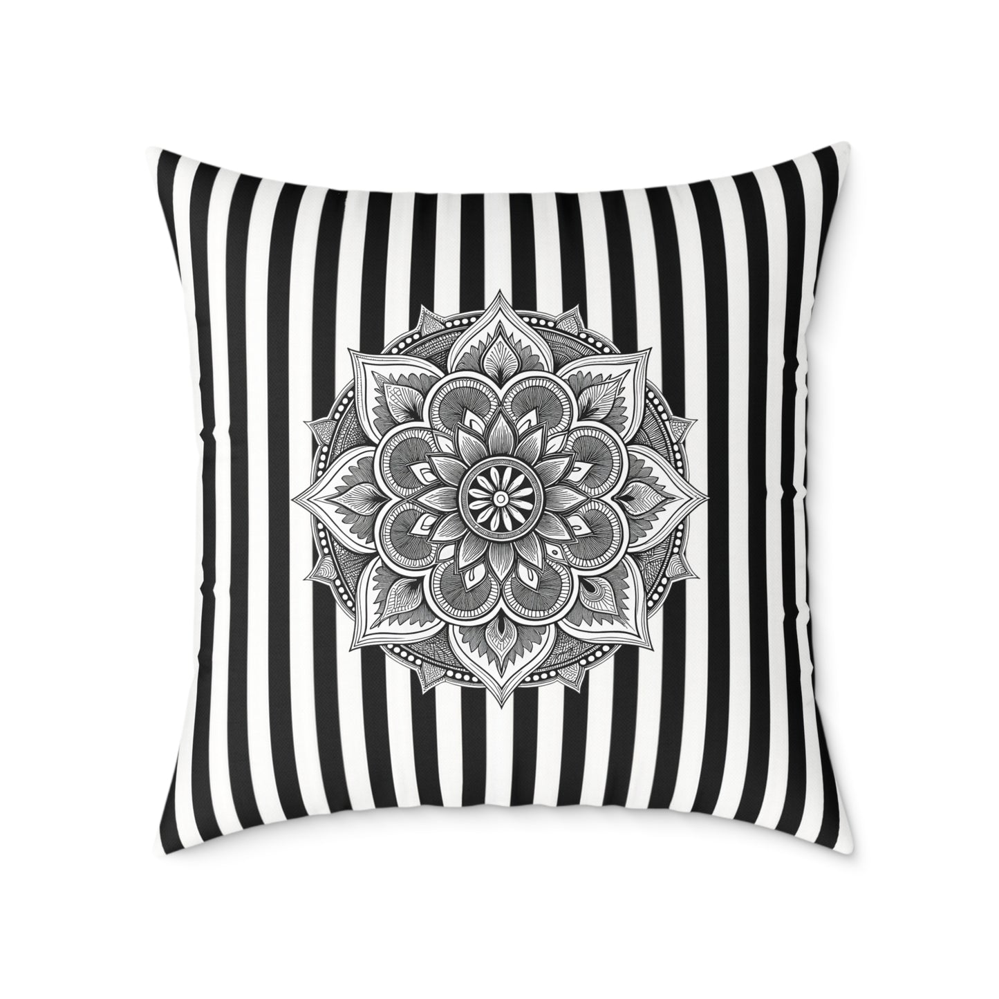 Boho Black & White Striped Mandala Pillow - Square Decorative Throw Cushion