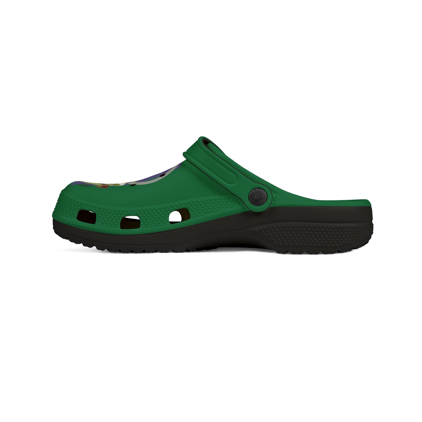 Green Foam Clogs with Cool Sunglasses Mug Graphic — Fun Casual Slip-On Shoes