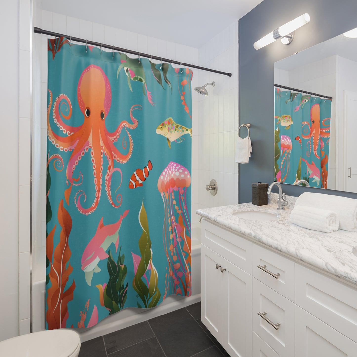 Ocean Life Shower Curtain — Colorful Octopus, Jellyfish & Fish Bathroom Decor