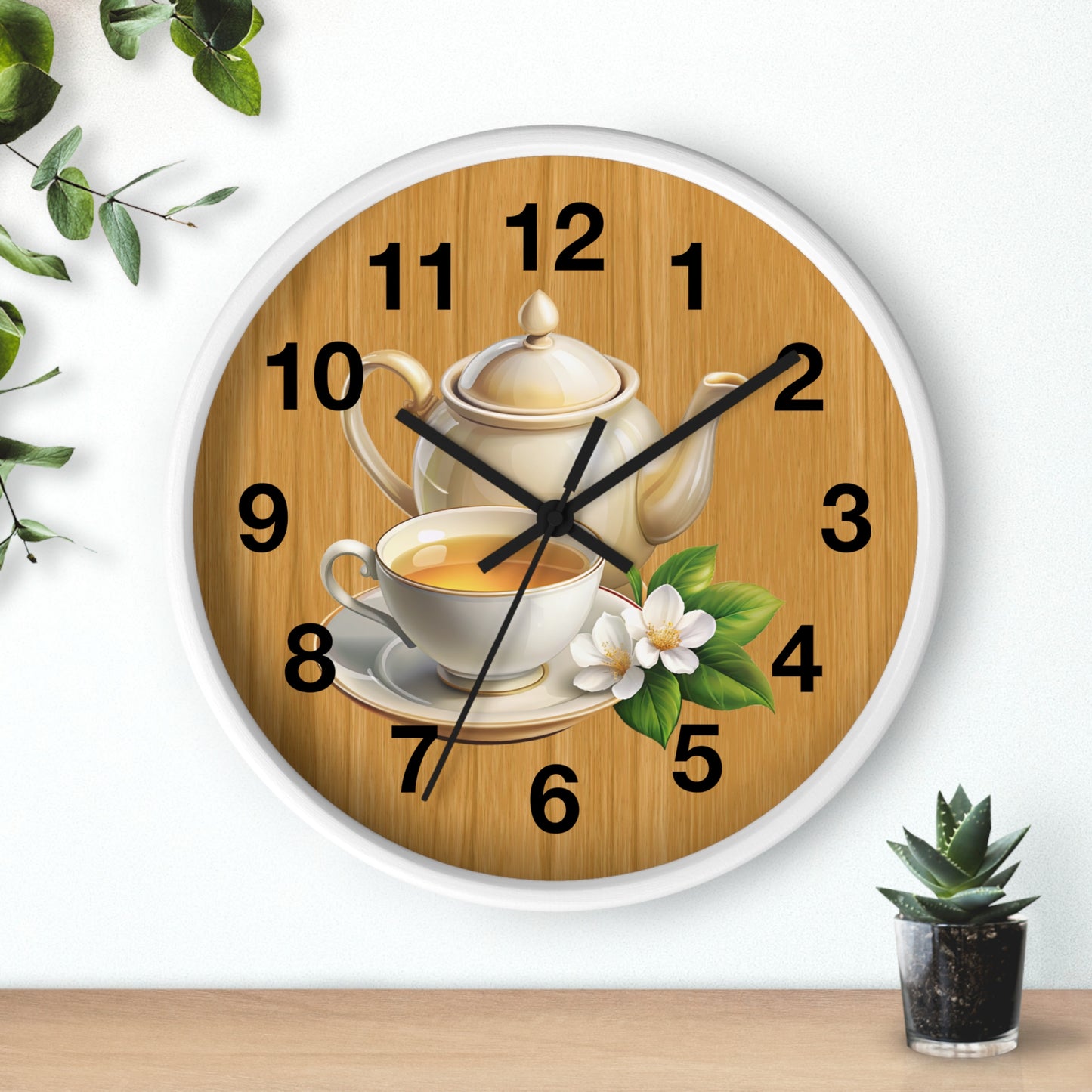 Tea Time Wall Clock, Rustic Kitchen Decor, Gift for Tea Lovers, Home Office Accent, Floral Design