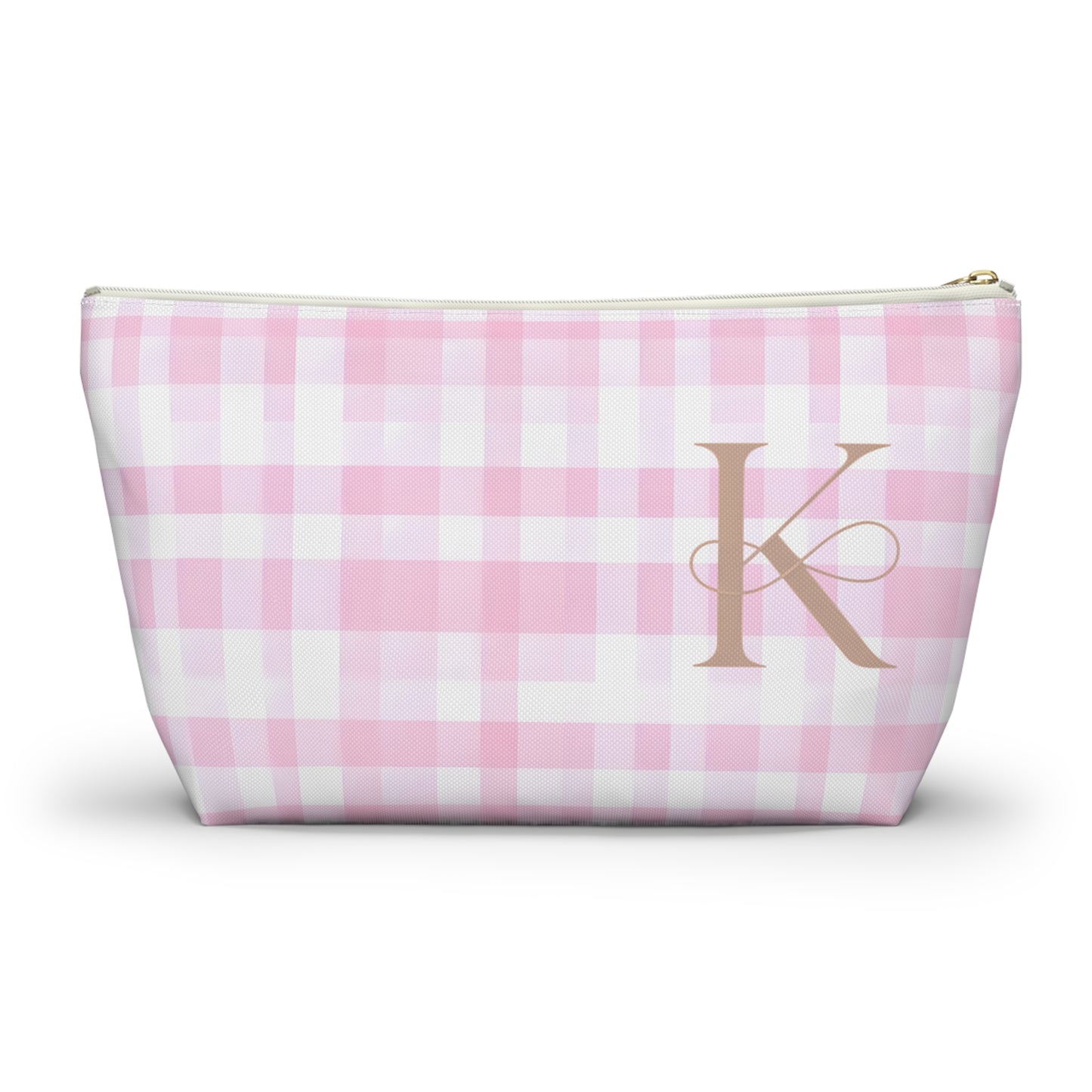 Personalized Pink Gingham Accessory Pouch, Makeup Bag - Letter K