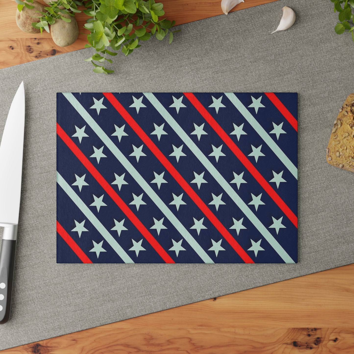Patriotic Glass Cutting Board | Kitchen Decor, Gift for Home Chefs, Red White Blue Star Design, 4th of July, BBQ Essentials