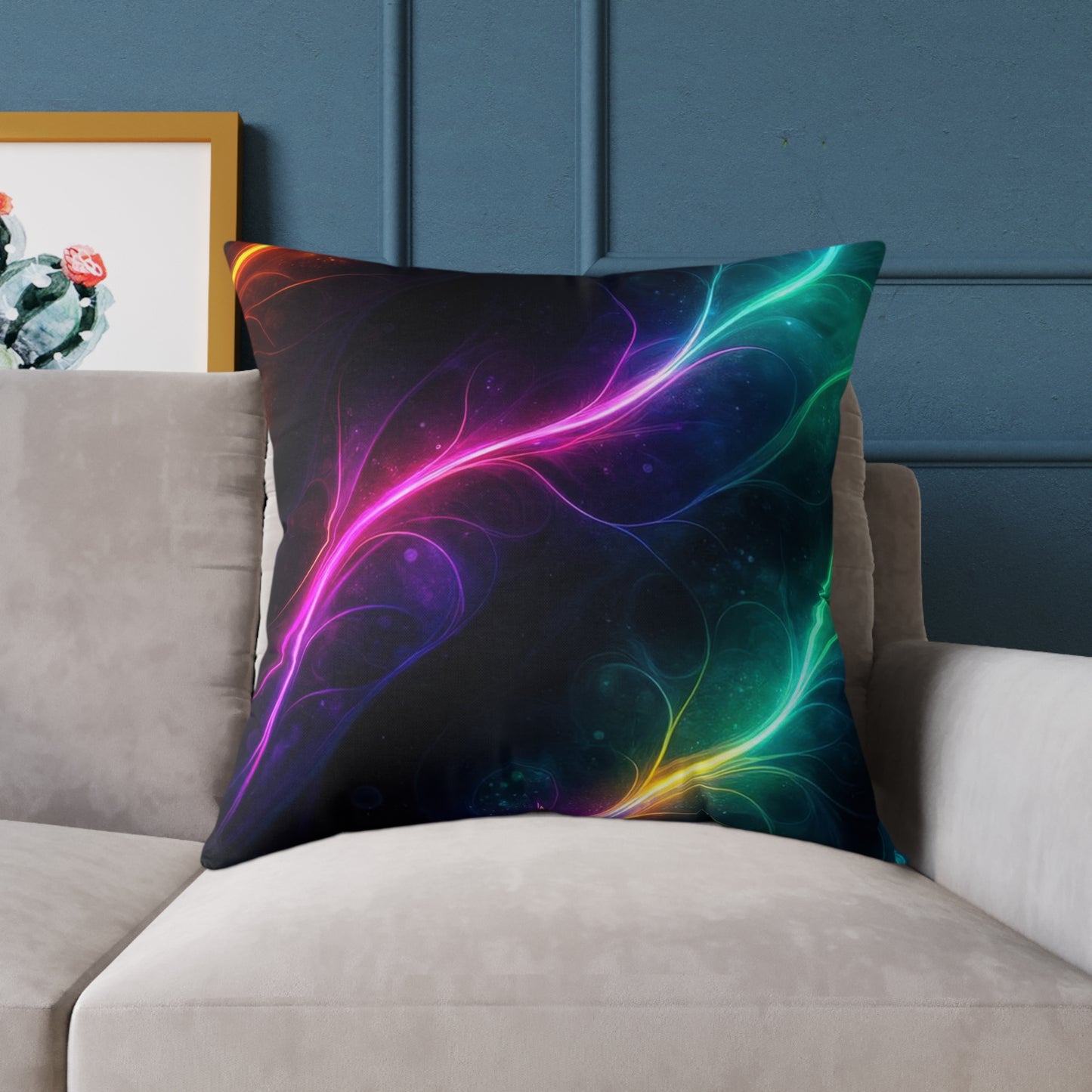 Neon Aurora Abstract Square Pillow — Vibrant Cosmic Decorative Throw Pillow