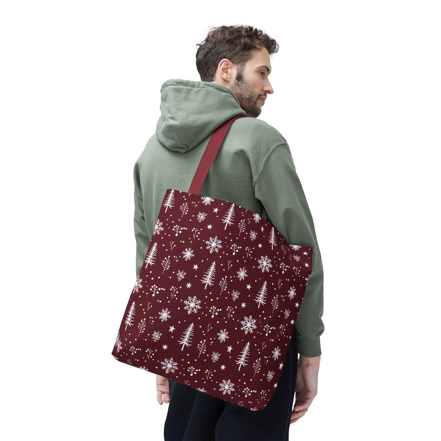 Christmas Snowflake Tote Bag – Burgundy Holiday Patterned Carryall