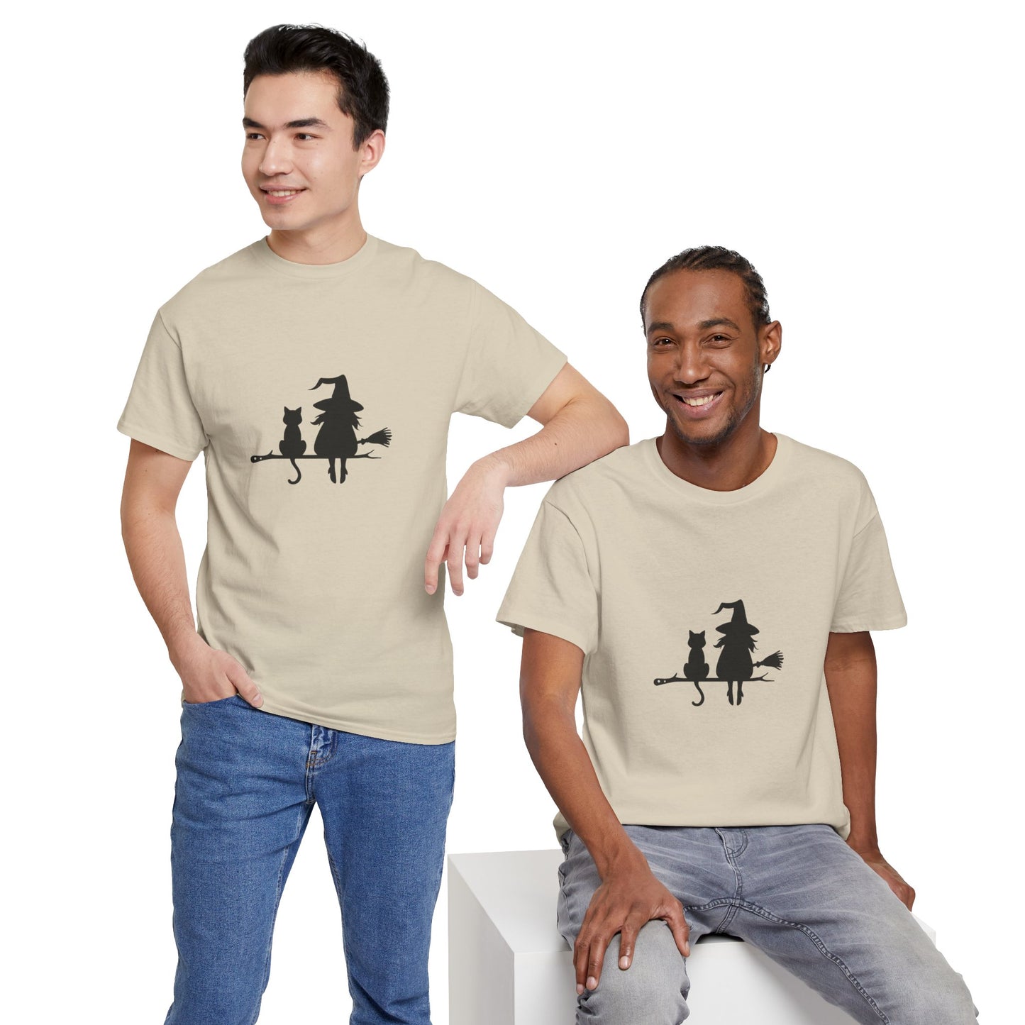 Witch and Cat Tee | Spooky Unisex Shirt for Halloween | Cute Witchwear for Cat Lovers | Fall Wardrobe Essential | Gift for Magical Friends