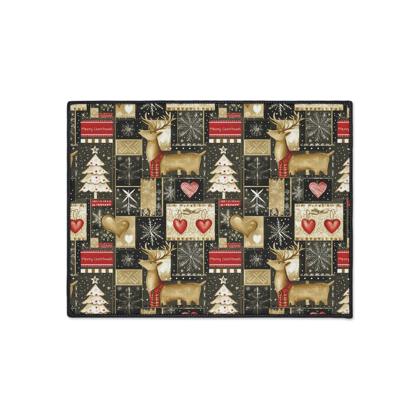 Christmas Reindeer Patchwork Floor Mat — Heavy Duty Holiday Entry Rug