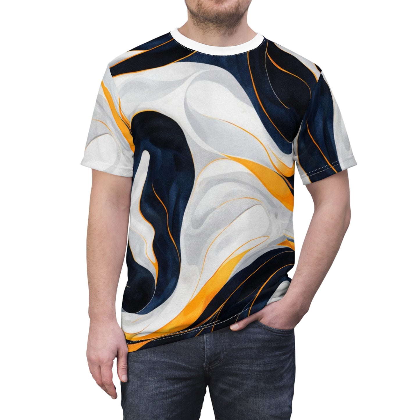 Abstract Marble Swirl Tee - Navy, White & Gold All-Over Print