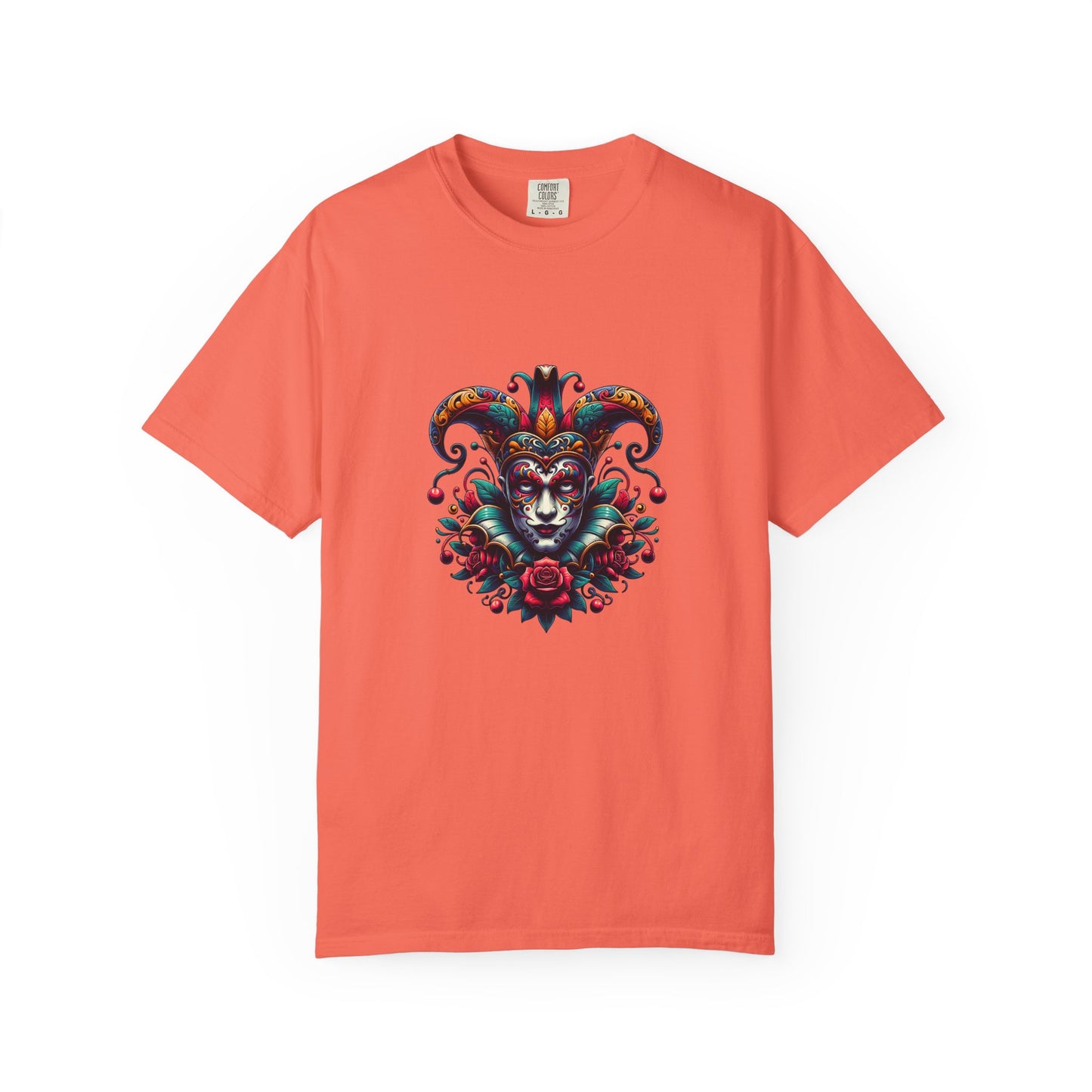 Vibrant Unisex Garment-Dyed T-shirt Featuring Colorful Jester Design, Festival Fashion