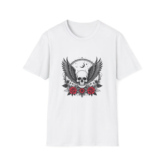 Skull Wings T‑Shirt – Crescent Moon & Red Roses Gothic Graphic Tee